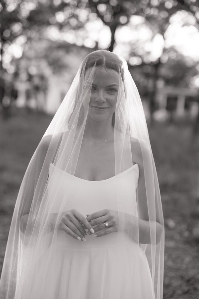 A classic black and white bridal portrait in the Texas Hill Country with Lila Lane Events - the best wedding planner!