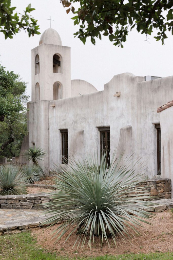Exterior of chapel at Lost Mission, a Central Texas wedding venue with historic Spanish architecture.