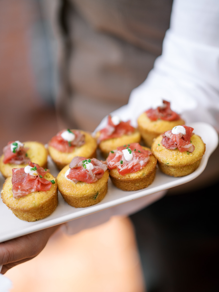 Passed appetizers at a wedding reception at a Central Texas venue, showcasing local cuisine.