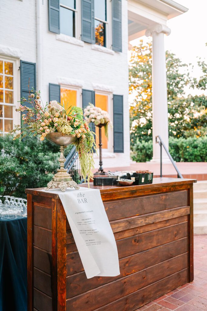 Gorgeous wedding bar details at historic home in Round Rock.