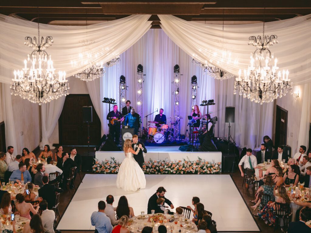 couple dancing at wedding with live band