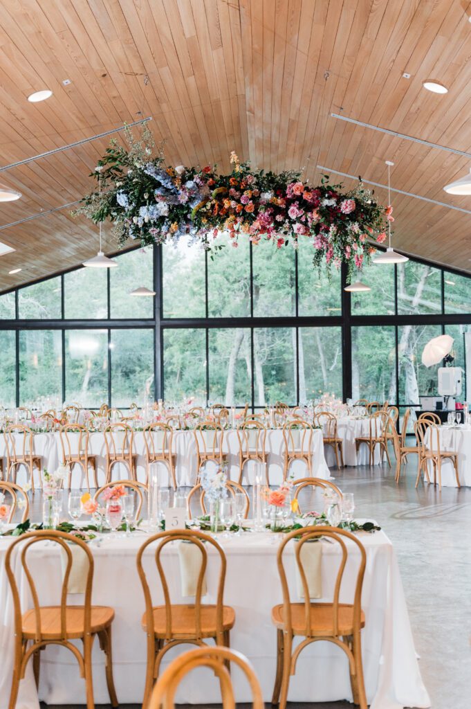 Hanging floral installation at reception