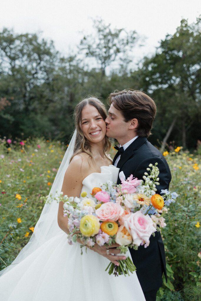 Bride and groom in garden
