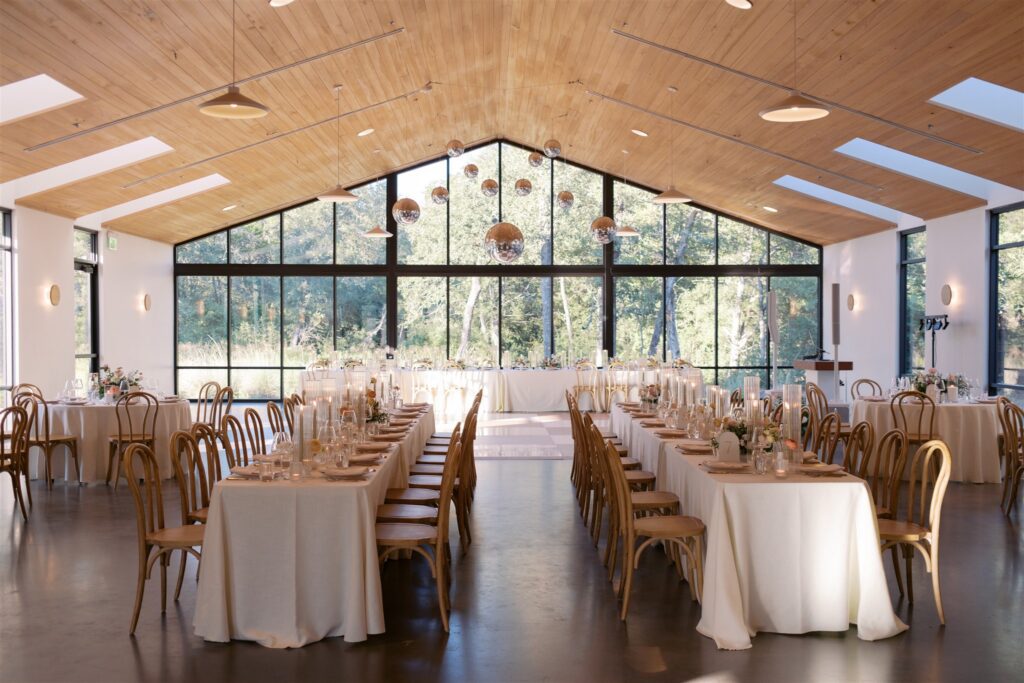 Disco balls hanging in reception space at the Grand Lady